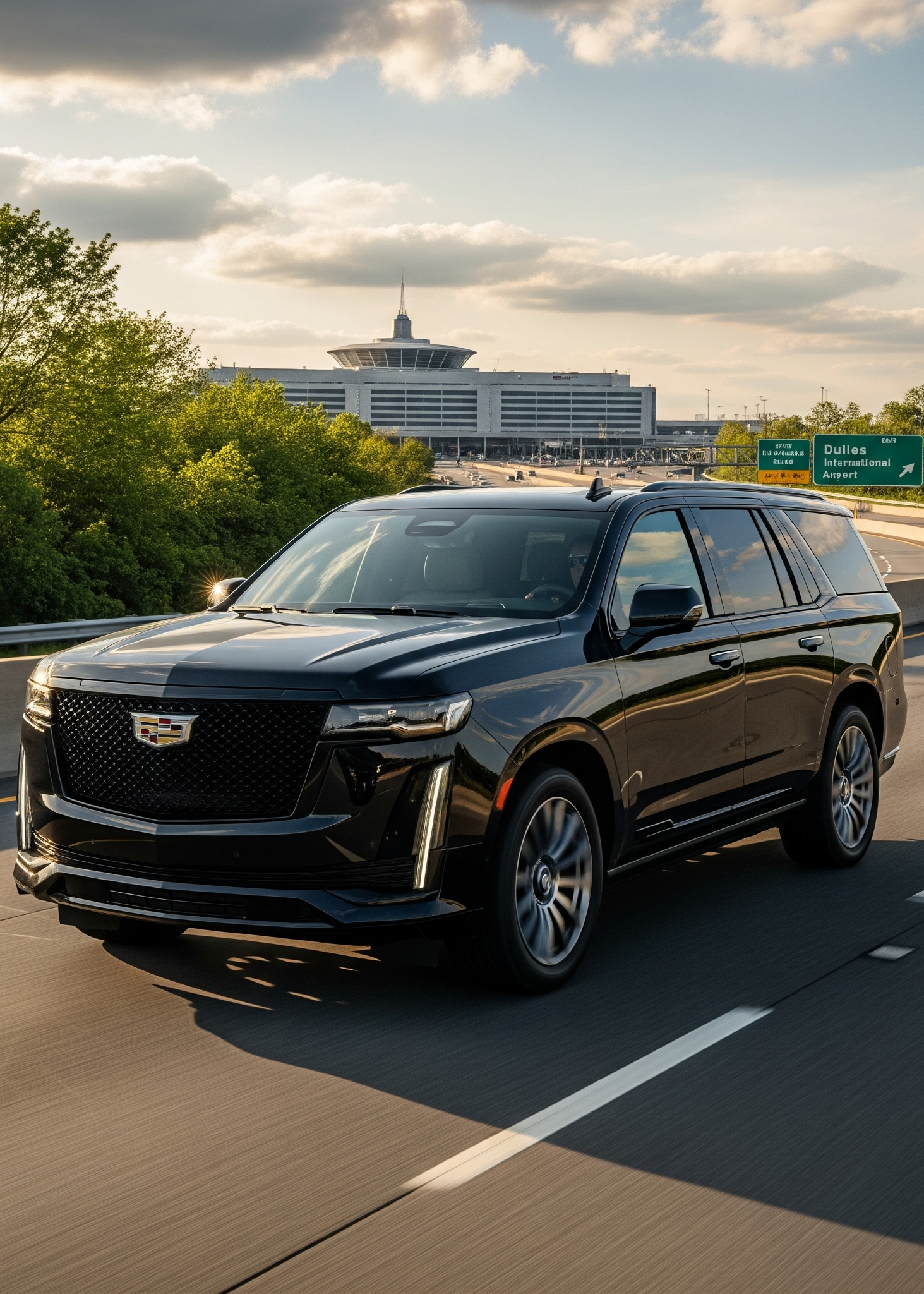 Black luxury vehicle at airport curb for pickup